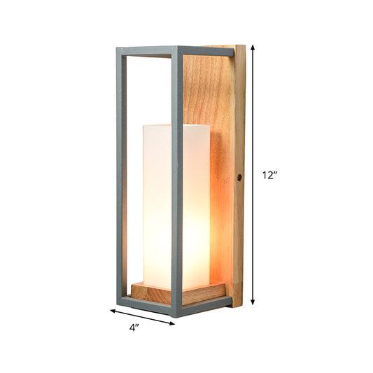 Grey Tubular Sconce Light Asian 1 Bulb White Glass Wall Mounted Lighting with Wood Rectangle Backplate Clearhalo 'Wall Lamps & Sconces' 'Wall Lights' Lighting' 323919