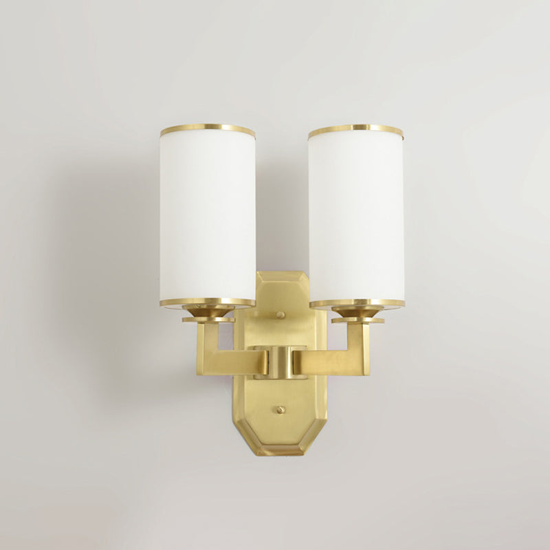 2 Heads Armed Sconce Modern Metal Wall Mount Light Fixture in Gold with Tube Opal Glass Shade Clearhalo 'Cast Iron' 'Glass' 'Industrial' 'Modern wall lights' 'Modern' 'Tiffany' 'Traditional wall lights' 'Wall Lamps & Sconces' 'Wall Lights' Lighting' 324032