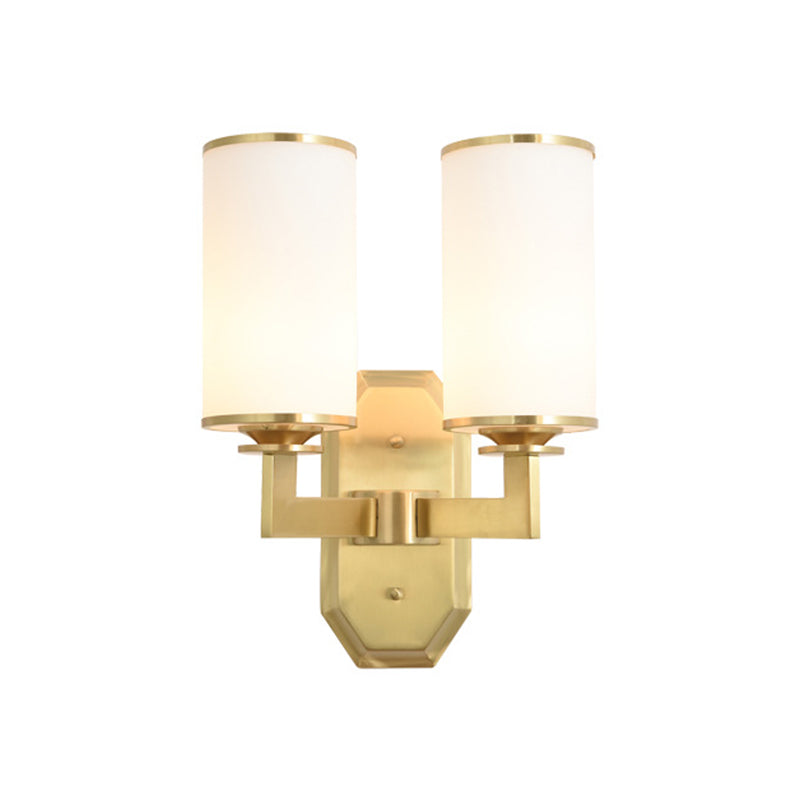2 Heads Armed Sconce Modern Metal Wall Mount Light Fixture in Gold with Tube Opal Glass Shade Clearhalo 'Cast Iron' 'Glass' 'Industrial' 'Modern wall lights' 'Modern' 'Tiffany' 'Traditional wall lights' 'Wall Lamps & Sconces' 'Wall Lights' Lighting' 324033