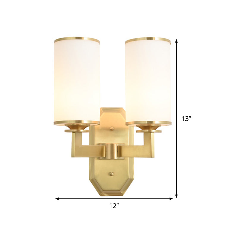 2 Heads Armed Sconce Modern Metal Wall Mount Light Fixture in Gold with Tube Opal Glass Shade Clearhalo 'Cast Iron' 'Glass' 'Industrial' 'Modern wall lights' 'Modern' 'Tiffany' 'Traditional wall lights' 'Wall Lamps & Sconces' 'Wall Lights' Lighting' 324034
