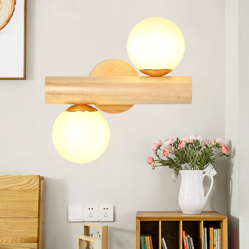 Tube Wall Lamp Japanese Wood 2 Heads Beige Sconce Light Fixture with Milk Glass Shade Wood Clearhalo 'Wall Lamps & Sconces' 'Wall Lights' Lighting' 324110