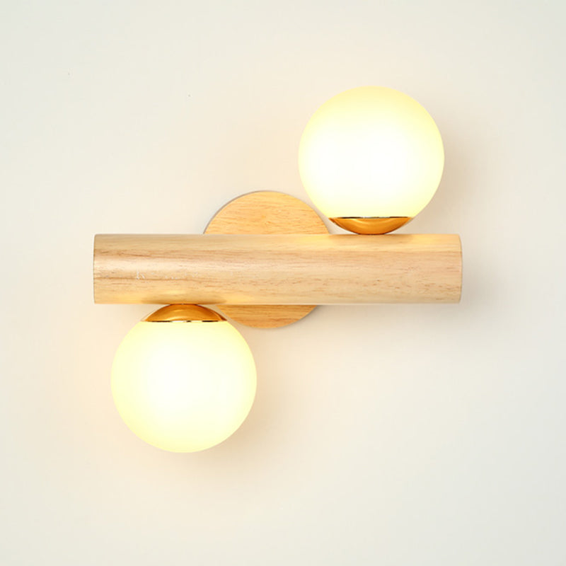 Tube Wall Lamp Japanese Wood 2 Heads Beige Sconce Light Fixture with Milk Glass Shade Clearhalo 'Wall Lamps & Sconces' 'Wall Lights' Lighting' 324112