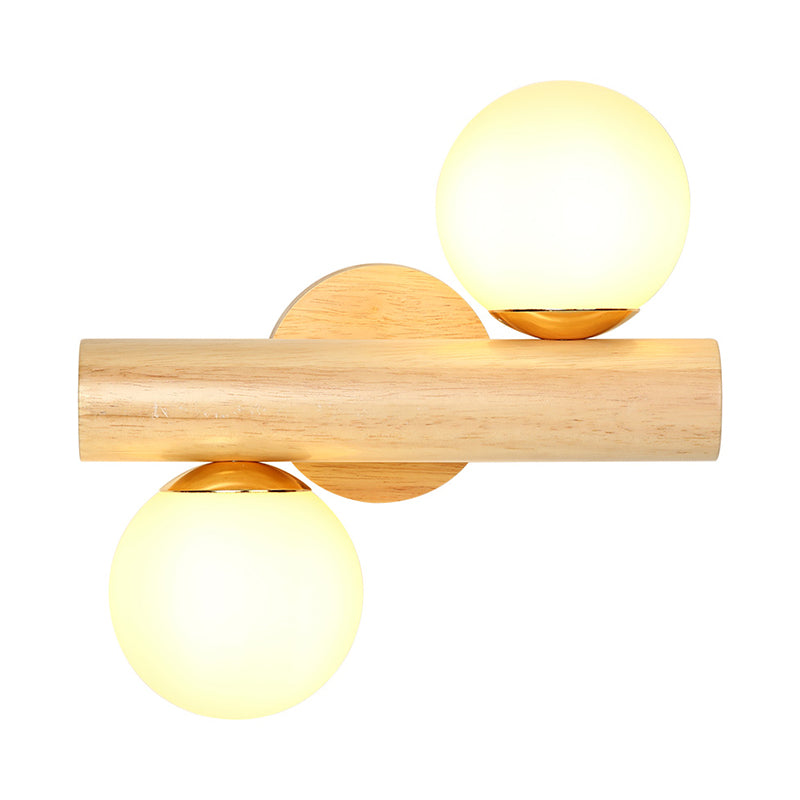 Tube Wall Lamp Japanese Wood 2 Heads Beige Sconce Light Fixture with Milk Glass Shade Clearhalo 'Wall Lamps & Sconces' 'Wall Lights' Lighting' 324113