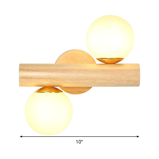 Tube Wall Lamp Japanese Wood 2 Heads Beige Sconce Light Fixture with Milk Glass Shade Clearhalo 'Wall Lamps & Sconces' 'Wall Lights' Lighting' 324114