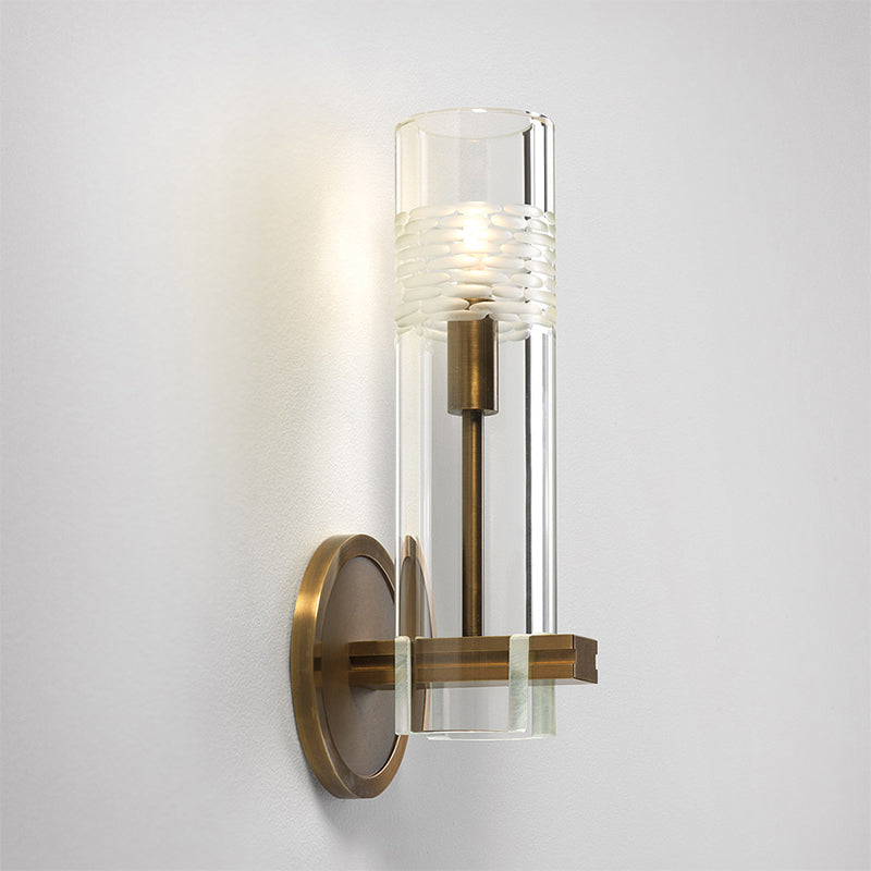 Clear Glass Tubular Sconce Light Modernism 1 Bulb Wall Lighting Fixture in Brass with Metal Arm Clearhalo 'Cast Iron' 'Glass' 'Industrial' 'Modern wall lights' 'Modern' 'Tiffany' 'Traditional wall lights' 'Wall Lamps & Sconces' 'Wall Lights' Lighting' 324137