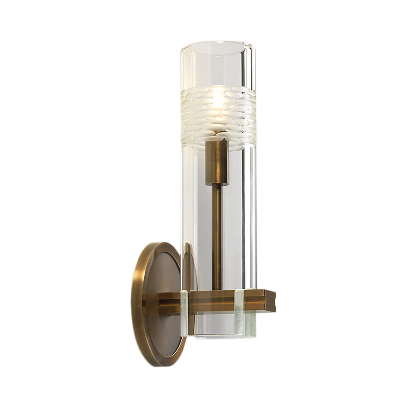 Clear Glass Tubular Sconce Light Modernism 1 Bulb Wall Lighting Fixture in Brass with Metal Arm Clearhalo 'Cast Iron' 'Glass' 'Industrial' 'Modern wall lights' 'Modern' 'Tiffany' 'Traditional wall lights' 'Wall Lamps & Sconces' 'Wall Lights' Lighting' 324138