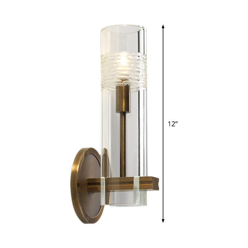 Clear Glass Tubular Sconce Light Modernism 1 Bulb Wall Lighting Fixture in Brass with Metal Arm Clearhalo 'Cast Iron' 'Glass' 'Industrial' 'Modern wall lights' 'Modern' 'Tiffany' 'Traditional wall lights' 'Wall Lamps & Sconces' 'Wall Lights' Lighting' 324139