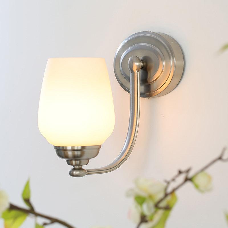 Contemporary Cup Wall Lamp Milk Glass 1 Head Sconce Light Fixture in Nickel for Stairway Nickel Clearhalo 'Cast Iron' 'Glass' 'Industrial' 'Modern wall lights' 'Modern' 'Tiffany' 'Traditional wall lights' 'Wall Lamps & Sconces' 'Wall Lights' Lighting' 324140