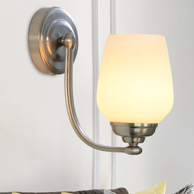 Contemporary Cup Wall Lamp Milk Glass 1 Head Sconce Light Fixture in Nickel for Stairway Clearhalo 'Cast Iron' 'Glass' 'Industrial' 'Modern wall lights' 'Modern' 'Tiffany' 'Traditional wall lights' 'Wall Lamps & Sconces' 'Wall Lights' Lighting' 324141