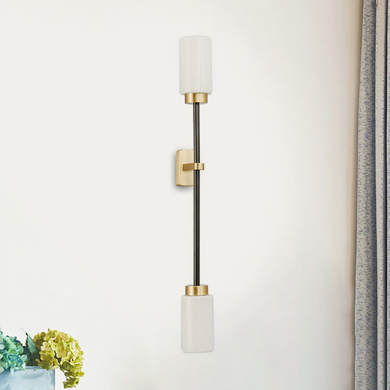 2 Heads Living Room Sconce Light Modernism Gold Wall Mount Lamp with Tube White Glass Shade Gold Clearhalo 'Cast Iron' 'Glass' 'Industrial' 'Modern wall lights' 'Modern' 'Tiffany' 'Traditional wall lights' 'Wall Lamps & Sconces' 'Wall Lights' Lighting' 324150