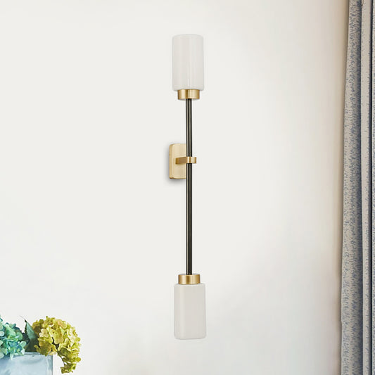 2 Heads Living Room Sconce Light Modernism Gold Wall Mount Lamp with Tube White Glass Shade Gold Clearhalo 'Cast Iron' 'Glass' 'Industrial' 'Modern wall lights' 'Modern' 'Tiffany' 'Traditional wall lights' 'Wall Lamps & Sconces' 'Wall Lights' Lighting' 324150