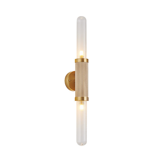 Contemporary 2 Heads Sconce Gold Tubular Wall Mounted Light Fixture with Fluted Glass Shade Gold Clearhalo 'Cast Iron' 'Glass' 'Industrial' 'Modern wall lights' 'Modern' 'Tiffany' 'Traditional wall lights' 'Wall Lamps & Sconces' 'Wall Lights' Lighting' 324205