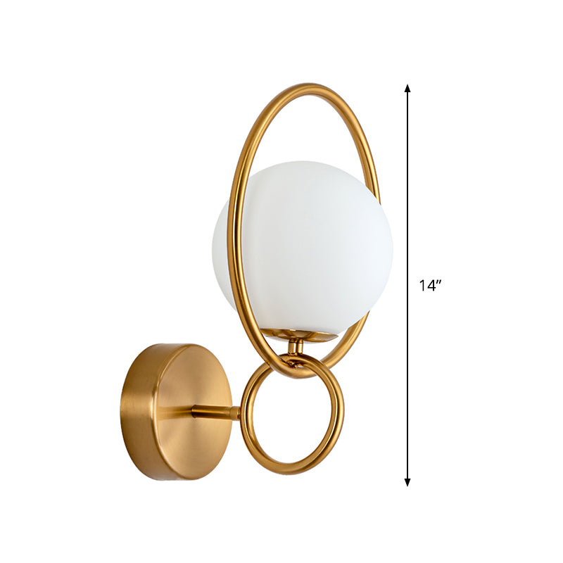 Metal Circle Sconce Light Modernist 1 Head Gold Wall Mounted Lamp with Orb White Glass Shade Clearhalo 'Cast Iron' 'Glass' 'Industrial' 'Modern wall lights' 'Modern' 'Tiffany' 'Traditional wall lights' 'Wall Lamps & Sconces' 'Wall Lights' Lighting' 324254