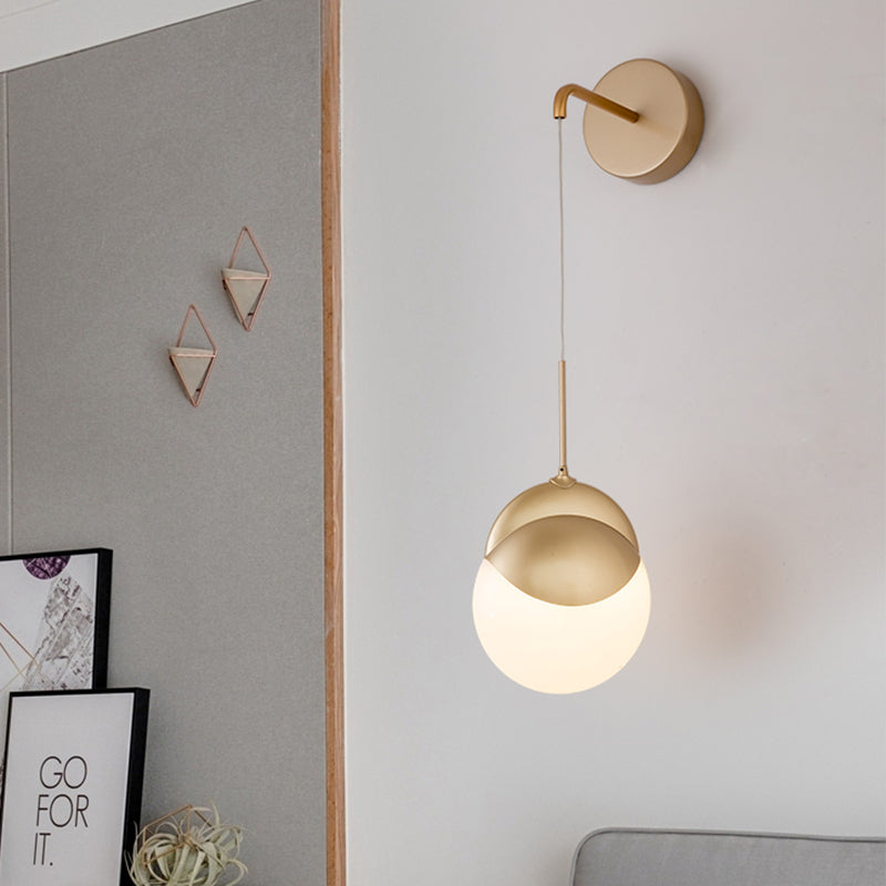 1 Bulb Living Room Wall Lamp Modern Gold Sconce Light Fixture with Round Milk Glass Shade Gold Clearhalo 'Wall Lamps & Sconces' 'Wall Lights' Lighting' 324255