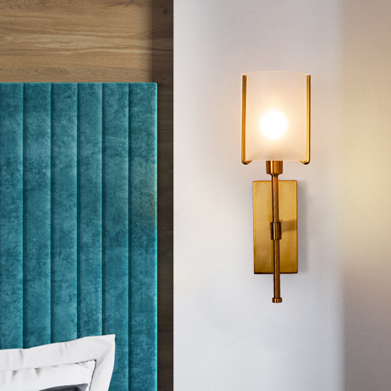 1 Head Cylinder Wall Lighting Modern Frosted Glass Sconce Light Fixture in Gold with Metal Pencil Arm Gold Clearhalo 'Cast Iron' 'Glass' 'Industrial' 'Modern wall lights' 'Modern' 'Tiffany' 'Traditional wall lights' 'Wall Lamps & Sconces' 'Wall Lights' Lighting' 324260