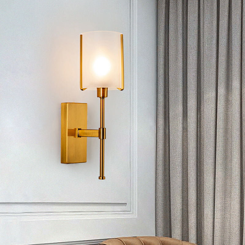 1 Head Cylinder Wall Lighting Modern Frosted Glass Sconce Light Fixture in Gold with Metal Pencil Arm Clearhalo 'Cast Iron' 'Glass' 'Industrial' 'Modern wall lights' 'Modern' 'Tiffany' 'Traditional wall lights' 'Wall Lamps & Sconces' 'Wall Lights' Lighting' 324261
