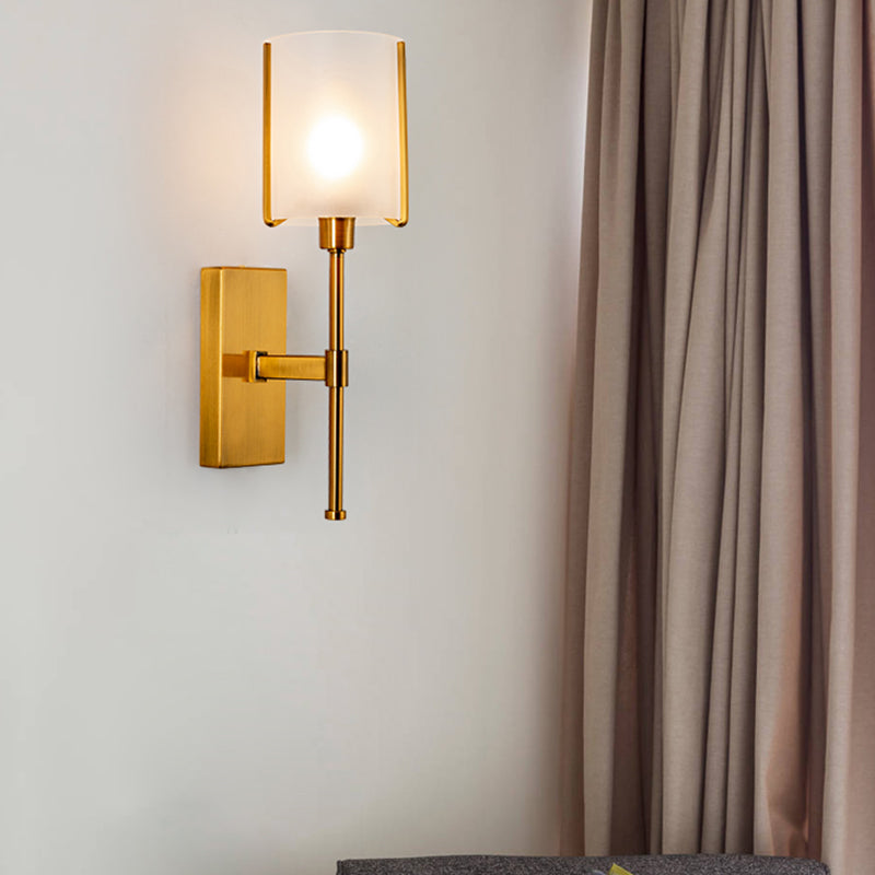 1 Head Cylinder Wall Lighting Modern Frosted Glass Sconce Light Fixture in Gold with Metal Pencil Arm Clearhalo 'Cast Iron' 'Glass' 'Industrial' 'Modern wall lights' 'Modern' 'Tiffany' 'Traditional wall lights' 'Wall Lamps & Sconces' 'Wall Lights' Lighting' 324262
