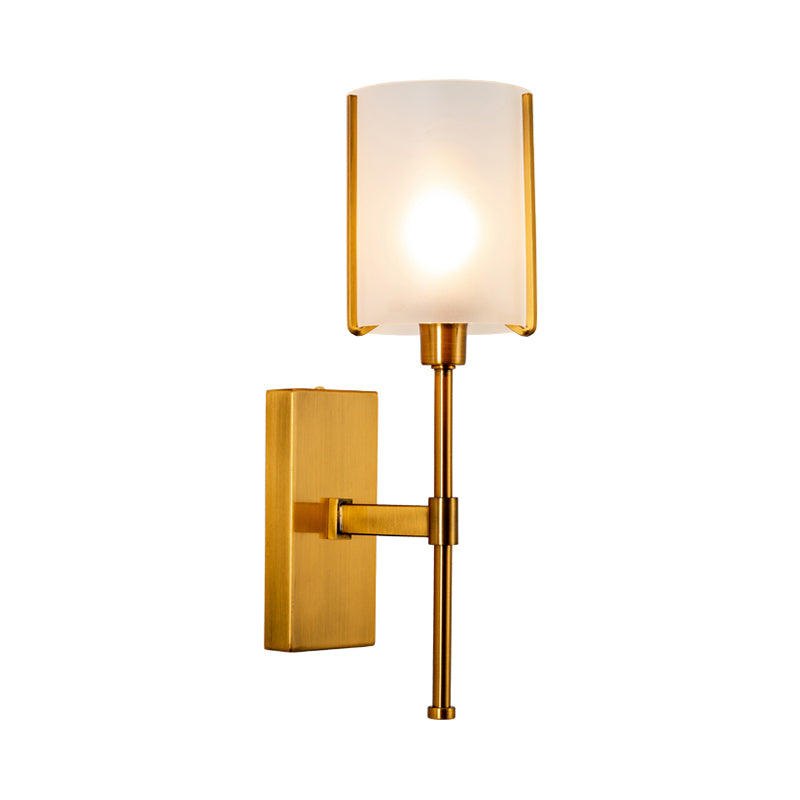 1 Head Cylinder Wall Lighting Modern Frosted Glass Sconce Light Fixture in Gold with Metal Pencil Arm Clearhalo 'Cast Iron' 'Glass' 'Industrial' 'Modern wall lights' 'Modern' 'Tiffany' 'Traditional wall lights' 'Wall Lamps & Sconces' 'Wall Lights' Lighting' 324263