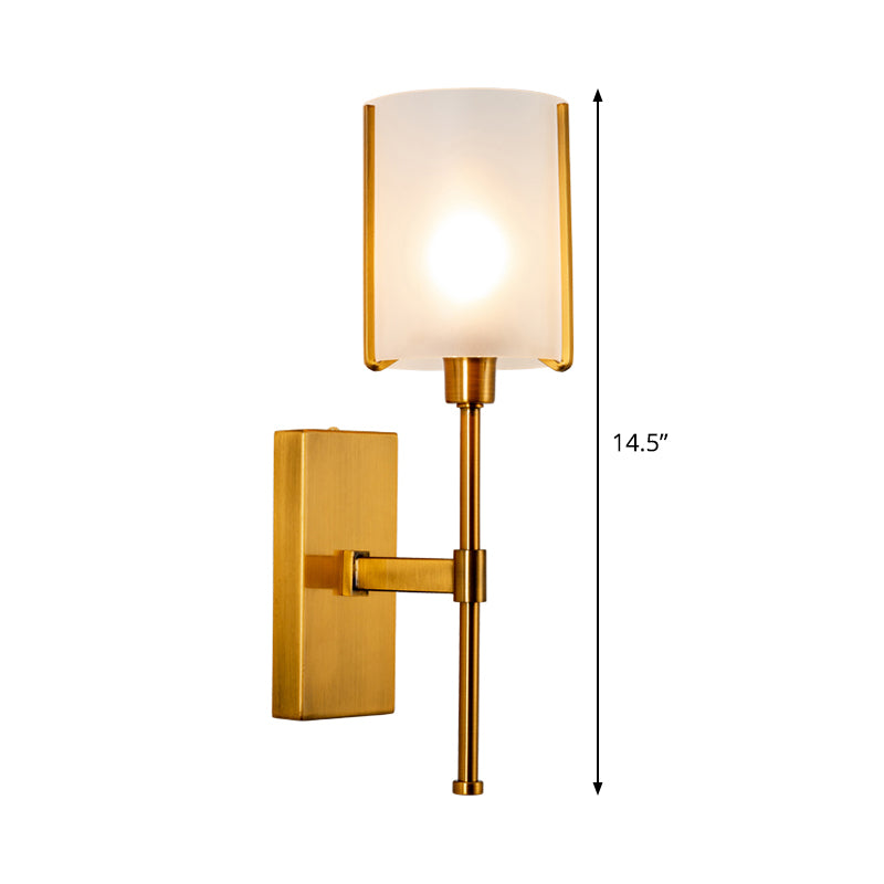 1 Head Cylinder Wall Lighting Modern Frosted Glass Sconce Light Fixture in Gold with Metal Pencil Arm Clearhalo 'Cast Iron' 'Glass' 'Industrial' 'Modern wall lights' 'Modern' 'Tiffany' 'Traditional wall lights' 'Wall Lamps & Sconces' 'Wall Lights' Lighting' 324264