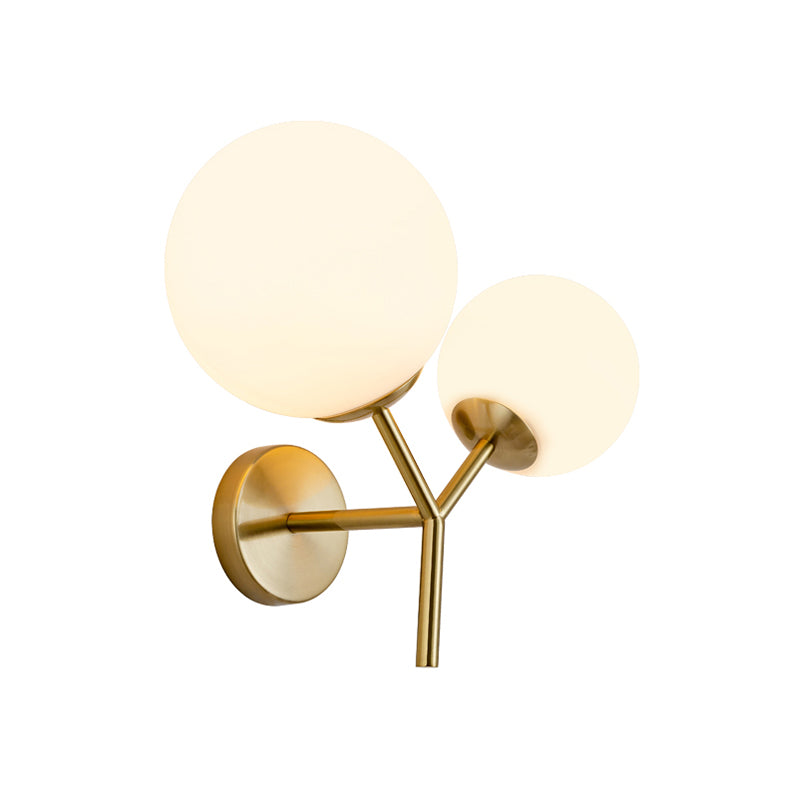 White Glass Spherical Sconce Contemporary 2 Heads Wall Mounted Light Fixture in Gold Clearhalo 'Cast Iron' 'Glass' 'Industrial' 'Modern wall lights' 'Modern' 'Tiffany' 'Traditional wall lights' 'Wall Lamps & Sconces' 'Wall Lights' Lighting' 324280