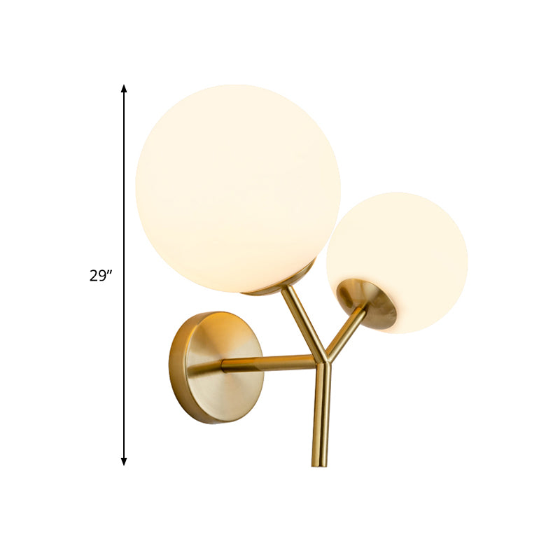 White Glass Spherical Sconce Contemporary 2 Heads Wall Mounted Light Fixture in Gold Clearhalo 'Cast Iron' 'Glass' 'Industrial' 'Modern wall lights' 'Modern' 'Tiffany' 'Traditional wall lights' 'Wall Lamps & Sconces' 'Wall Lights' Lighting' 324281