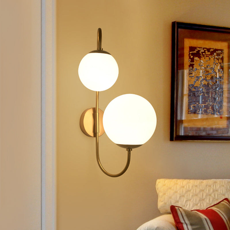 2 Bulbs Armed Sconce Contemporary Metal Wall Lighting Fixture in Gold with Ball Opal Glass Shade Clearhalo 'Cast Iron' 'Glass' 'Industrial' 'Modern wall lights' 'Modern' 'Tiffany' 'Traditional wall lights' 'Wall Lamps & Sconces' 'Wall Lights' Lighting' 324305