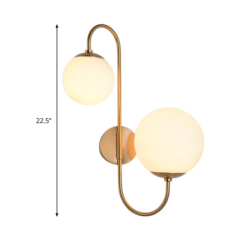 2 Bulbs Armed Sconce Contemporary Metal Wall Lighting Fixture in Gold with Ball Opal Glass Shade Clearhalo 'Cast Iron' 'Glass' 'Industrial' 'Modern wall lights' 'Modern' 'Tiffany' 'Traditional wall lights' 'Wall Lamps & Sconces' 'Wall Lights' Lighting' 324307