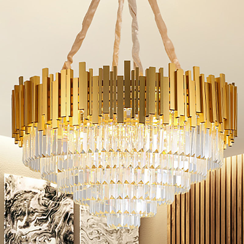 Brass Metallic Hanging Light Fixture Modern Style Layered Multi Light Chandelier Lamp with Crystal Block Brass Clearhalo 'Ceiling Lights' 'Chandeliers' 'Modern Chandeliers' 'Modern' Lighting' 324308