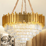 Brass Metallic Hanging Light Fixture Modern Style Layered Multi Light Chandelier Lamp with Crystal Block Brass Clearhalo 'Ceiling Lights' 'Chandeliers' 'Modern Chandeliers' 'Modern' Lighting' 324308