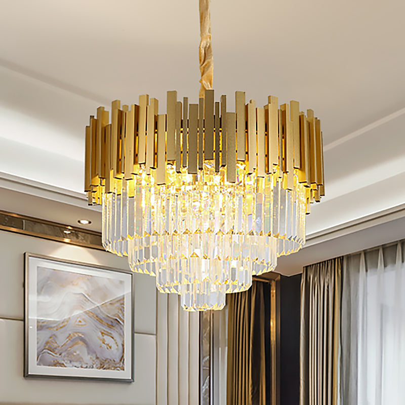 Brass Metallic Hanging Light Fixture Modern Style Layered Multi Light Chandelier Lamp with Crystal Block Clearhalo 'Ceiling Lights' 'Chandeliers' 'Modern Chandeliers' 'Modern' Lighting' 324309