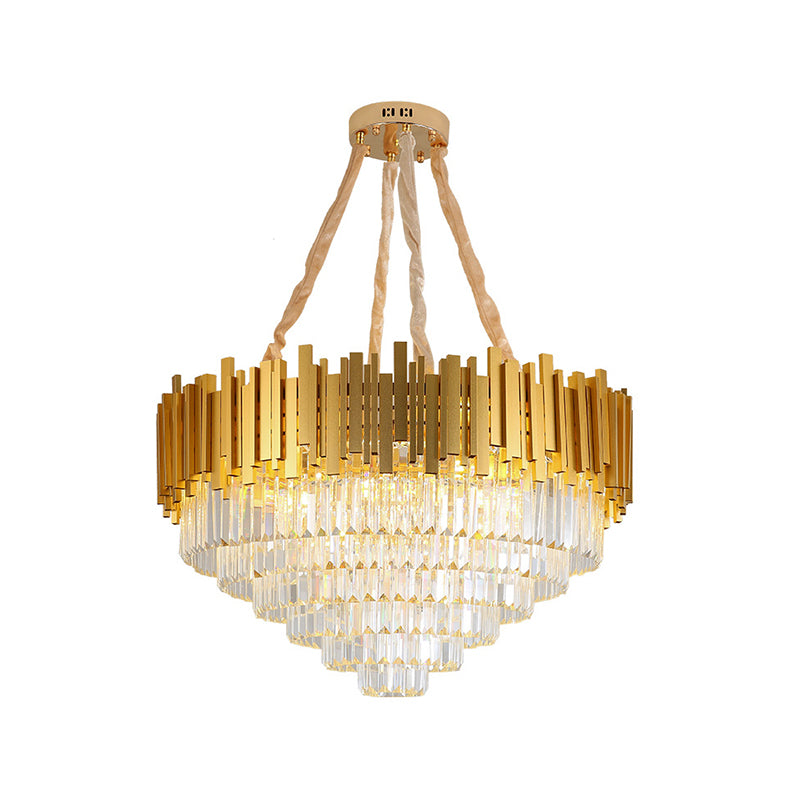 Brass Metallic Hanging Light Fixture Modern Style Layered Multi Light Chandelier Lamp with Crystal Block Clearhalo 'Ceiling Lights' 'Chandeliers' 'Modern Chandeliers' 'Modern' Lighting' 324310