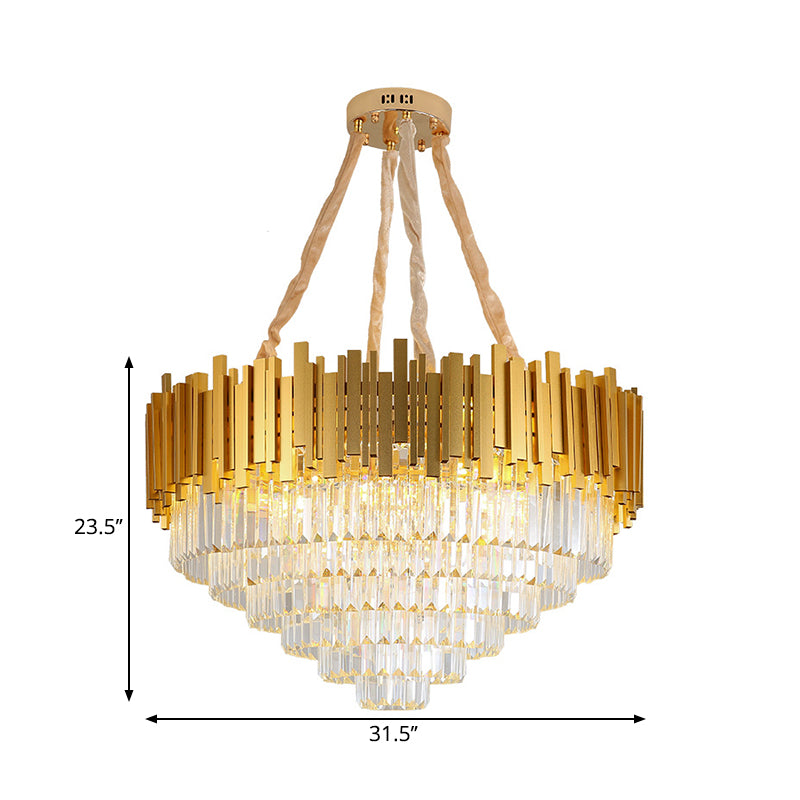 Brass Metallic Hanging Light Fixture Modern Style Layered Multi Light Chandelier Lamp with Crystal Block Clearhalo 'Ceiling Lights' 'Chandeliers' 'Modern Chandeliers' 'Modern' Lighting' 324314