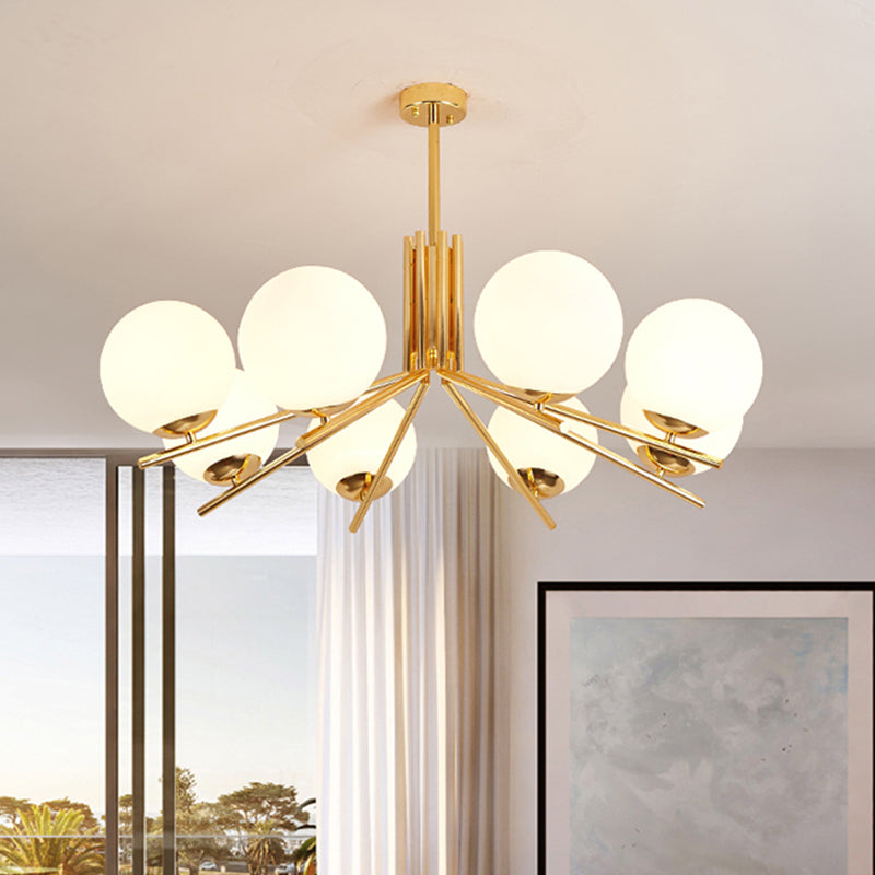 Frosted White Glass Orb Ceiling Chandelier Modern 8 Heads Gold Pendant Light Fixture Gold Clearhalo 'Ceiling Lights' 'Chandeliers' 'Glass shade' 'Glass' 'Modern Chandeliers' 'Modern' Lighting' 324339