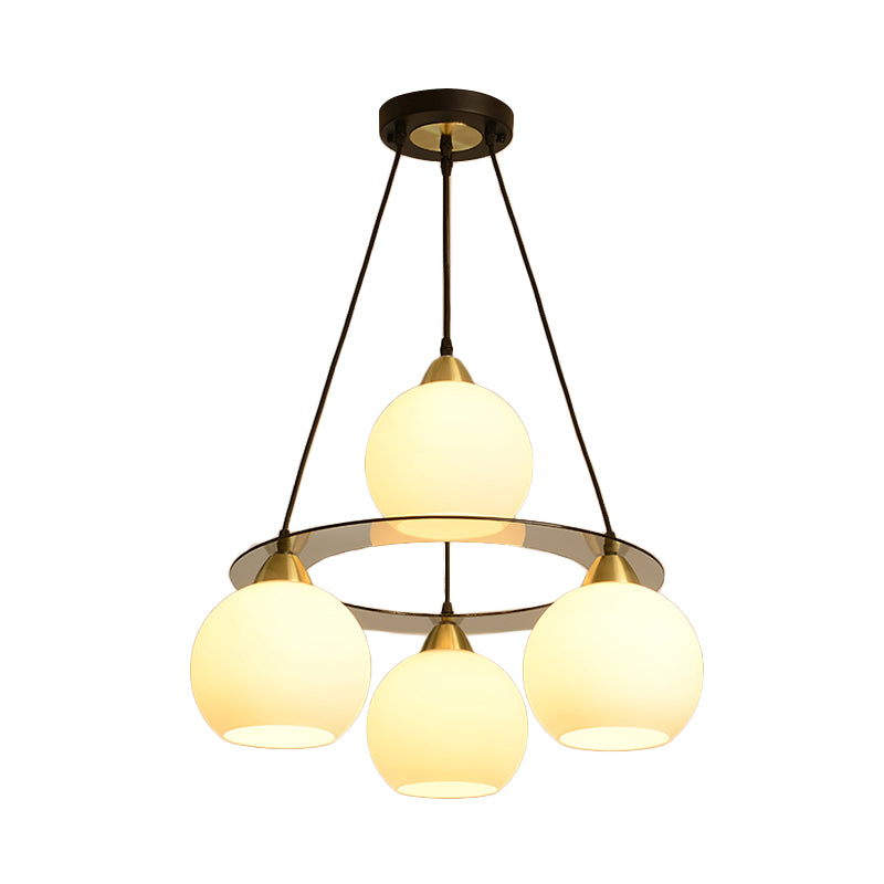 Modern 4 Heads Chandelier Light Black and Gold Spherical Ceiling Suspension Lamp with Opal Glass Shade Clearhalo 'Ceiling Lights' 'Chandeliers' 'Glass shade' 'Glass' 'Modern Chandeliers' 'Modern' Lighting' 324347