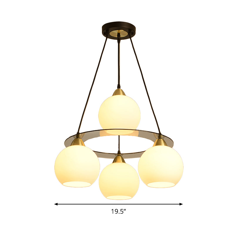 Modern 4 Heads Chandelier Light Black and Gold Spherical Ceiling Suspension Lamp with Opal Glass Shade Clearhalo 'Ceiling Lights' 'Chandeliers' 'Glass shade' 'Glass' 'Modern Chandeliers' 'Modern' Lighting' 324348