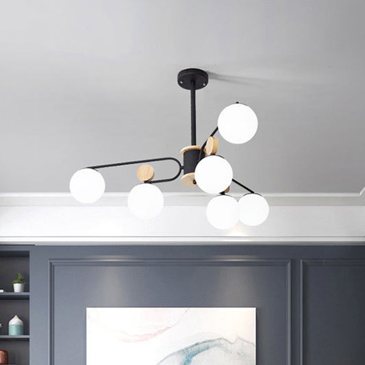 Milk Glass Round Pendant Chandelier Modernism 6/8 Heads Hanging Ceiling Light in Black 6 Black Clearhalo 'Ceiling Lights' 'Chandeliers' 'Glass shade' 'Glass' 'Modern Chandeliers' 'Modern' Lighting' 324359