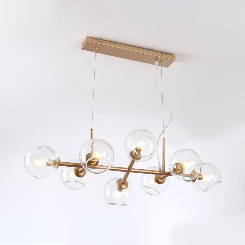 8 Bulbs Dining Room Island Lamp Modern Gold Hanging Light Kit with Orb Clear Glass Shade Clearhalo 'Ceiling Lights' 'Chandeliers' 'Glass shade' 'Glass' 'Island Lights' Lighting' 324371