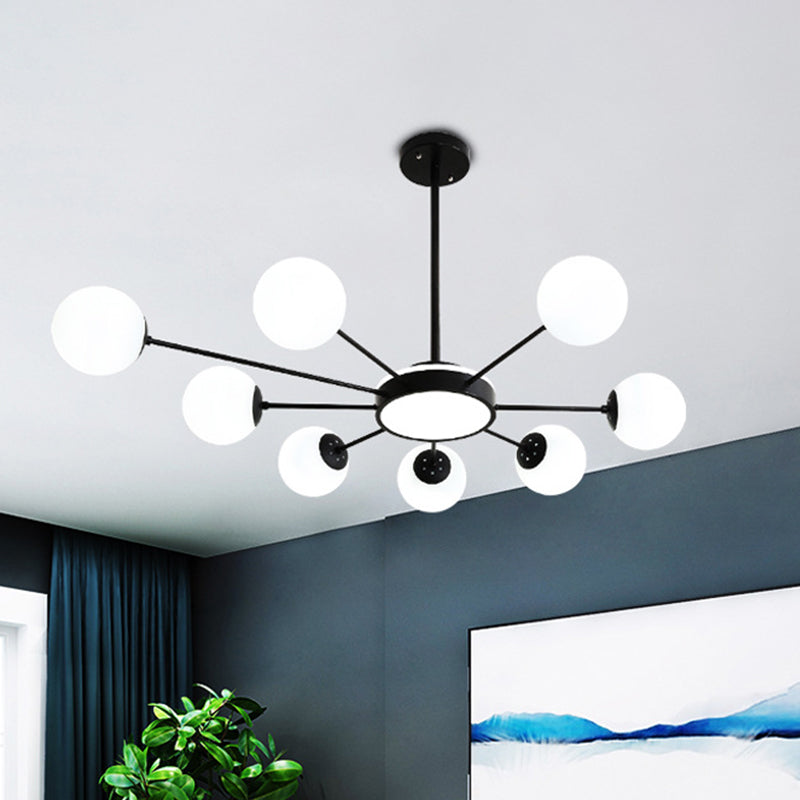 White Glass Round Chandelier Lighting Modernism 8 Heads Pendant Light Fixture in Black Black Clearhalo 'Ceiling Lights' 'Chandeliers' 'Glass shade' 'Glass' 'Modern Chandeliers' 'Modern' Lighting' 324394