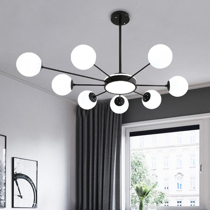 White Glass Round Chandelier Lighting Modernism 8 Heads Pendant Light Fixture in Black Clearhalo 'Ceiling Lights' 'Chandeliers' 'Glass shade' 'Glass' 'Modern Chandeliers' 'Modern' Lighting' 324395