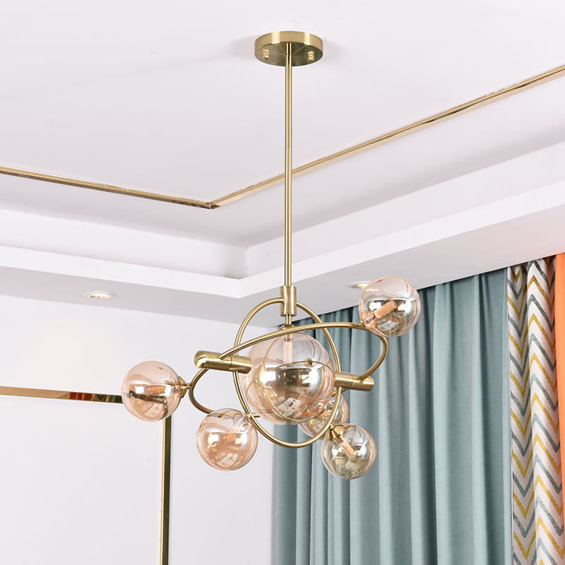 Modernist Sphere Chandelier Lighting Amber Glass 6 Heads Dining Room Ceiling Suspension Lamp Amber Clearhalo 'Ceiling Lights' 'Chandeliers' 'Glass shade' 'Glass' 'Modern Chandeliers' 'Modern' Lighting' 324404