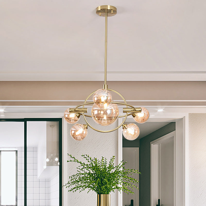 Modernist Sphere Chandelier Lighting Amber Glass 6 Heads Dining Room Ceiling Suspension Lamp Clearhalo 'Ceiling Lights' 'Chandeliers' 'Glass shade' 'Glass' 'Modern Chandeliers' 'Modern' Lighting' 324406