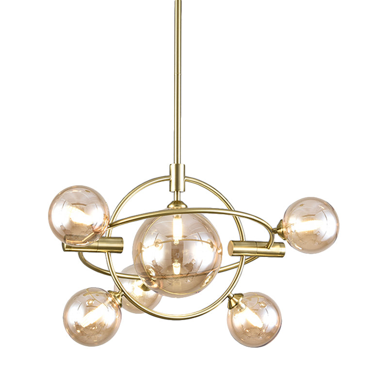 Modernist Sphere Chandelier Lighting Amber Glass 6 Heads Dining Room Ceiling Suspension Lamp Clearhalo 'Ceiling Lights' 'Chandeliers' 'Glass shade' 'Glass' 'Modern Chandeliers' 'Modern' Lighting' 324407