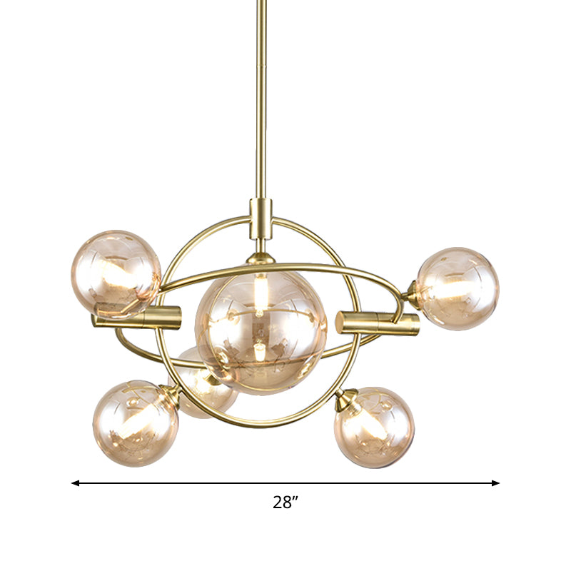 Modernist Sphere Chandelier Lighting Amber Glass 6 Heads Dining Room Ceiling Suspension Lamp Clearhalo 'Ceiling Lights' 'Chandeliers' 'Glass shade' 'Glass' 'Modern Chandeliers' 'Modern' Lighting' 324408