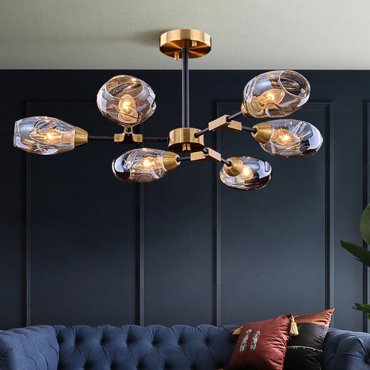 6 Heads Dining Room Hanging Chandelier Modern Black and Gold Pendant Light Fixture with Cup Dimpled Blown Glass Shade Black-Gold Clearhalo 'Ceiling Lights' 'Chandeliers' 'Glass shade' 'Glass' 'Modern Chandeliers' 'Modern' Lighting' 324414