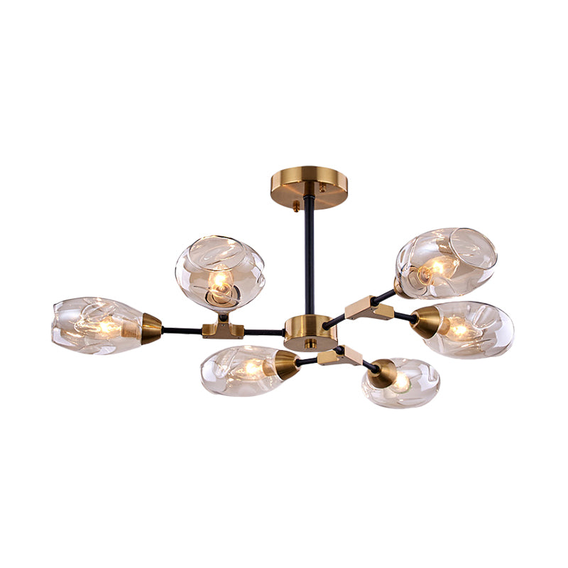 6 Heads Dining Room Hanging Chandelier Modern Black and Gold Pendant Light Fixture with Cup Dimpled Blown Glass Shade Clearhalo 'Ceiling Lights' 'Chandeliers' 'Glass shade' 'Glass' 'Modern Chandeliers' 'Modern' Lighting' 324417