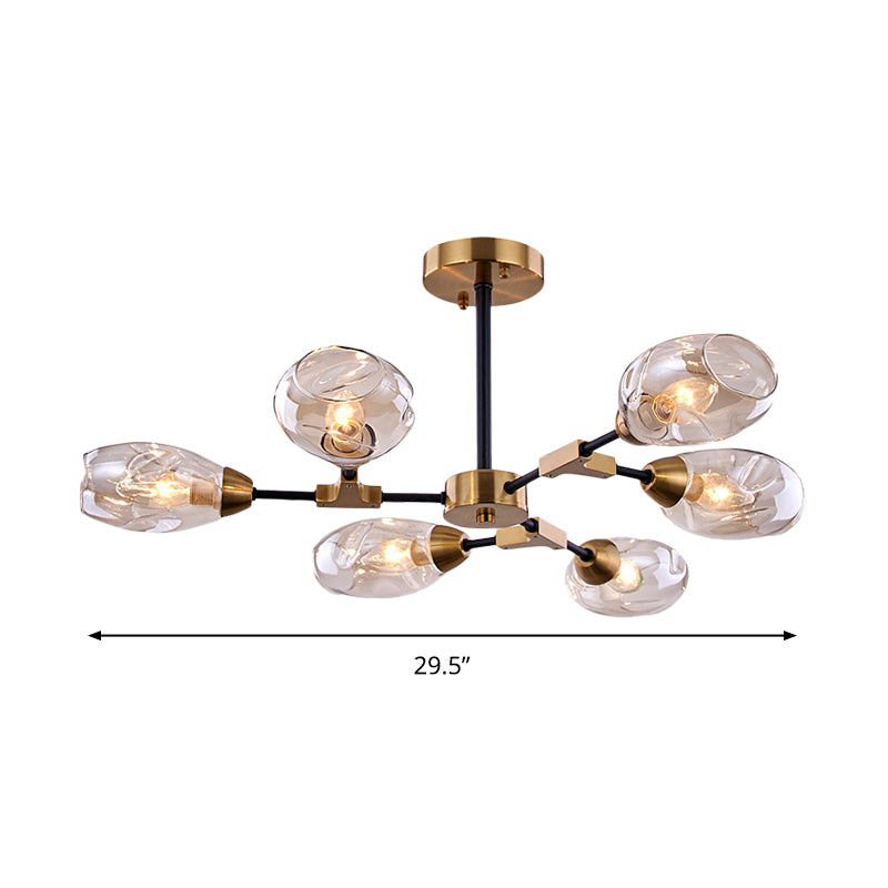 6 Heads Dining Room Hanging Chandelier Modern Black and Gold Pendant Light Fixture with Cup Dimpled Blown Glass Shade Clearhalo 'Ceiling Lights' 'Chandeliers' 'Glass shade' 'Glass' 'Modern Chandeliers' 'Modern' Lighting' 324418