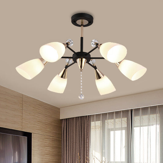 Flared Ceiling Chandelier Contemporary White Glass 6 Bulbs Hanging Light Fixture in Black Black Clearhalo 'Ceiling Lights' 'Chandeliers' 'Glass shade' 'Glass' 'Modern Chandeliers' 'Modern' Lighting' 324419