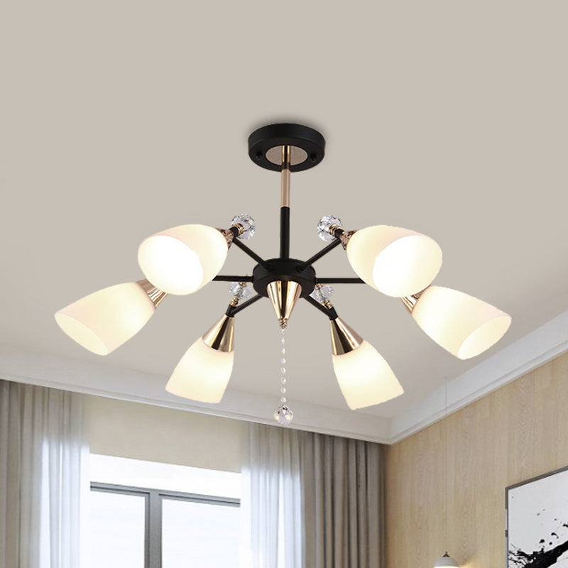 Flared Ceiling Chandelier Contemporary White Glass 6 Bulbs Hanging Light Fixture in Black Clearhalo 'Ceiling Lights' 'Chandeliers' 'Glass shade' 'Glass' 'Modern Chandeliers' 'Modern' Lighting' 324420