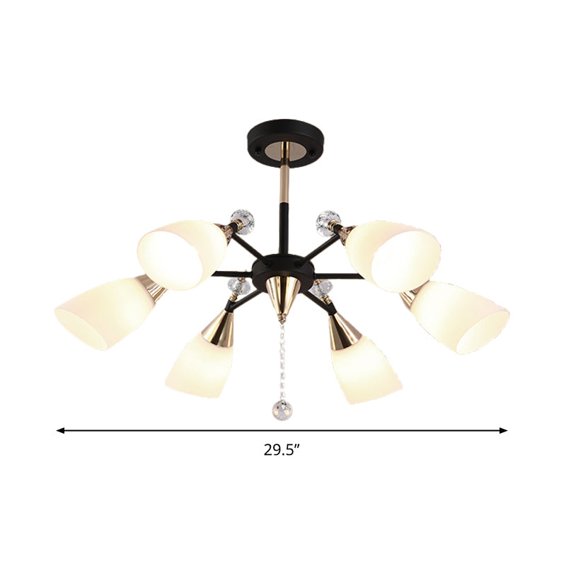 Flared Ceiling Chandelier Contemporary White Glass 6 Bulbs Hanging Light Fixture in Black Clearhalo 'Ceiling Lights' 'Chandeliers' 'Glass shade' 'Glass' 'Modern Chandeliers' 'Modern' Lighting' 324423