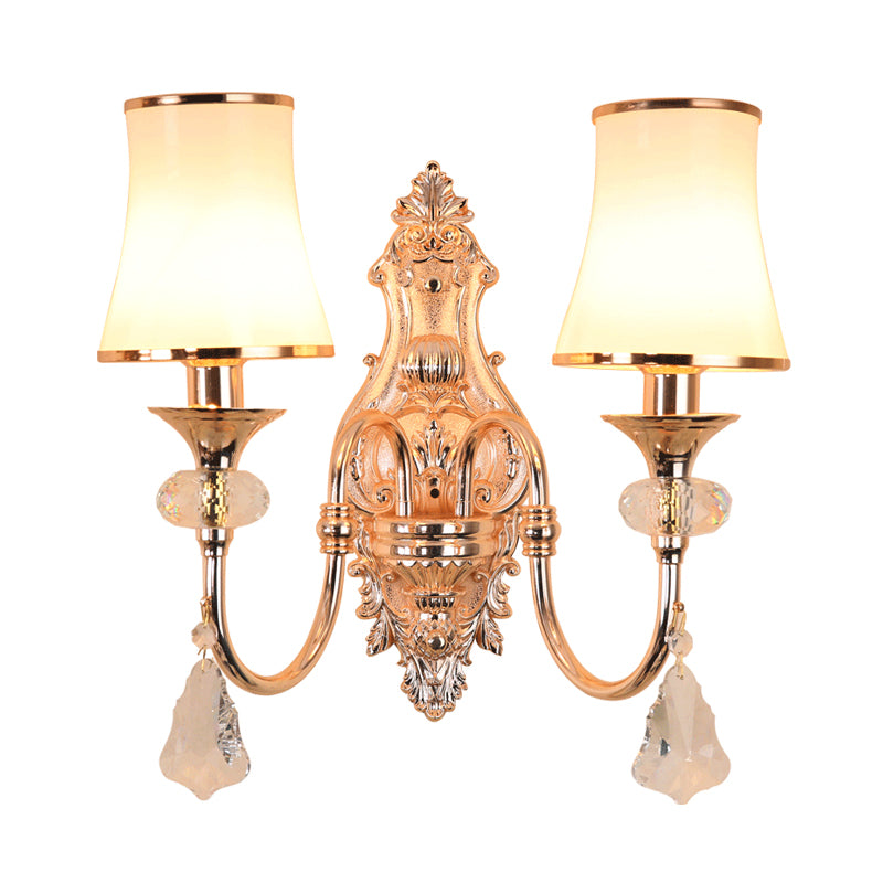 Gold Flared Wall Mount Light Fixture Traditional Translucent Crystal 1/2 Heads Living Room Wall Sconce Lighting Clearhalo 'Wall Lamps & Sconces' 'Wall Lights' Lighting' 324426